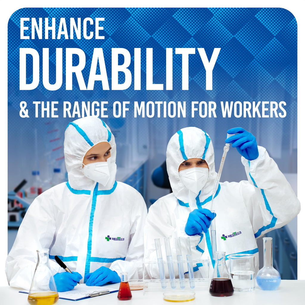Medtecs Hazmat Suits - 6 Sizes Options (1 PC) - with Sealed Tape - Fabric Passed AAMI Level 4 Disposable Coverall PPE Suit for Biohazard Chemical Protection - Full Body Protective with Hood | L