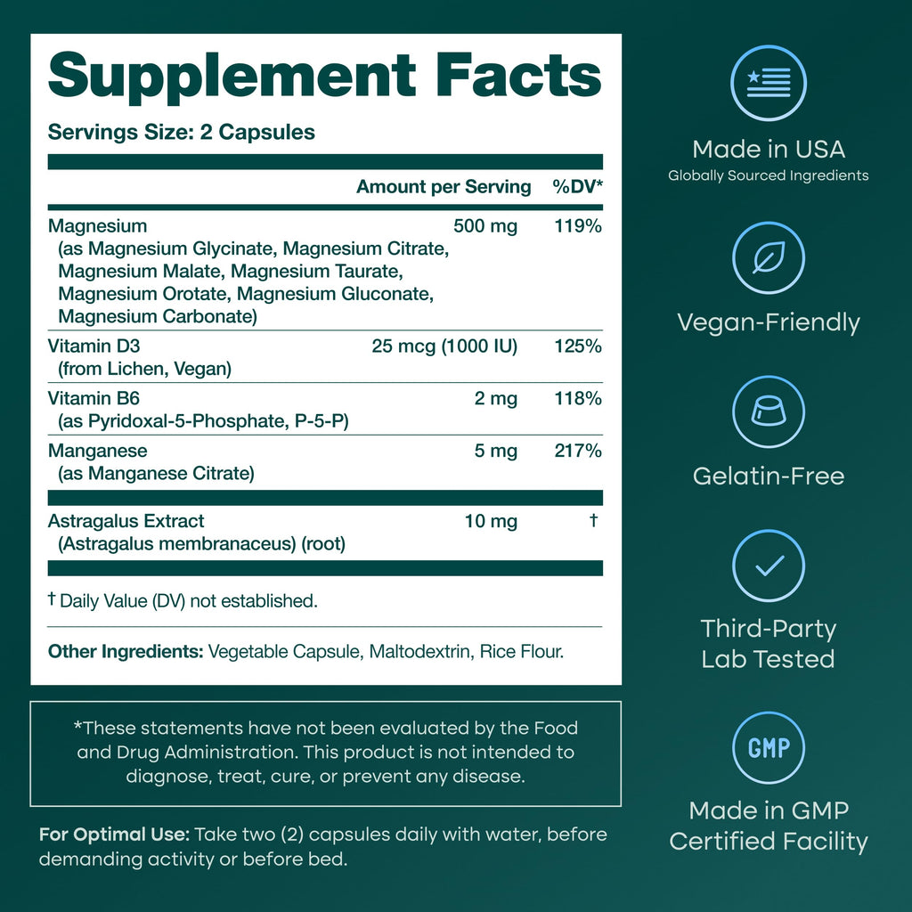 Magnesium Glycinate Complex for Women & Men - 500mg (7-in-1) with D3 & B6, Glycinate, Citrate, Malate, Taurate, Gluconate, Carbonate, & Orotate - Supports Sleep and Muscle Health [Oxide-Free] 60ct