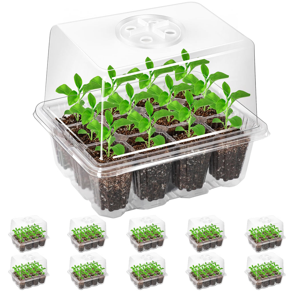 Bonviee 10-Pack Seed Starter Trays, Tall Dome, Base, 12-Cell Tray, Clear