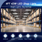 hykolity 4 Pack Linkable LED Shop Light, 4FT 42W [250W Equivalent], 4400lm, 5000K Daylight, with Plug, Utility Light Fixture, Hanging or Surface Mount, Black