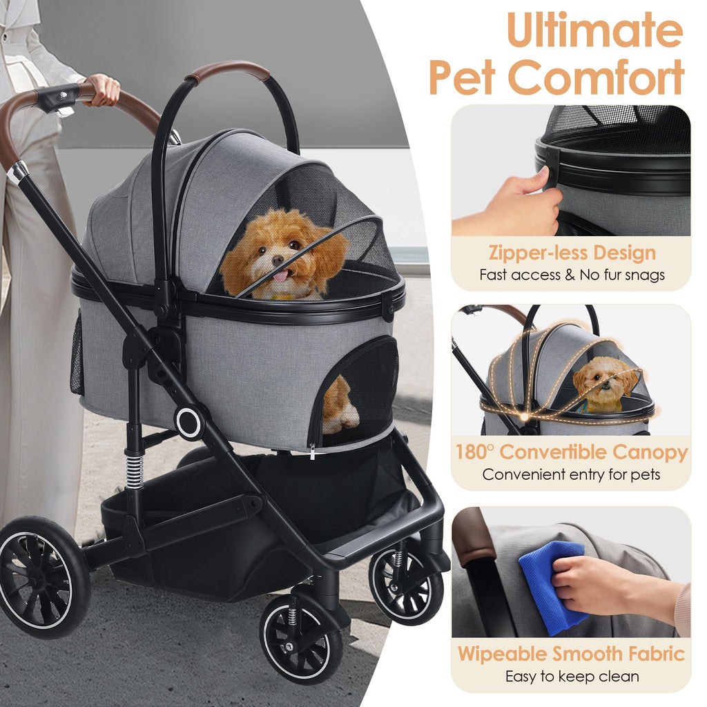 TODEFULL Pet Stroller with 4 Wheels, 3 in 1 Folding Puppy Strollers for Small/Medium Dogs Cats up to 50lbs, Lightweight Pet Travel Carrier with Detachable Cushion, Storage Basket and Cup Holder, Gray