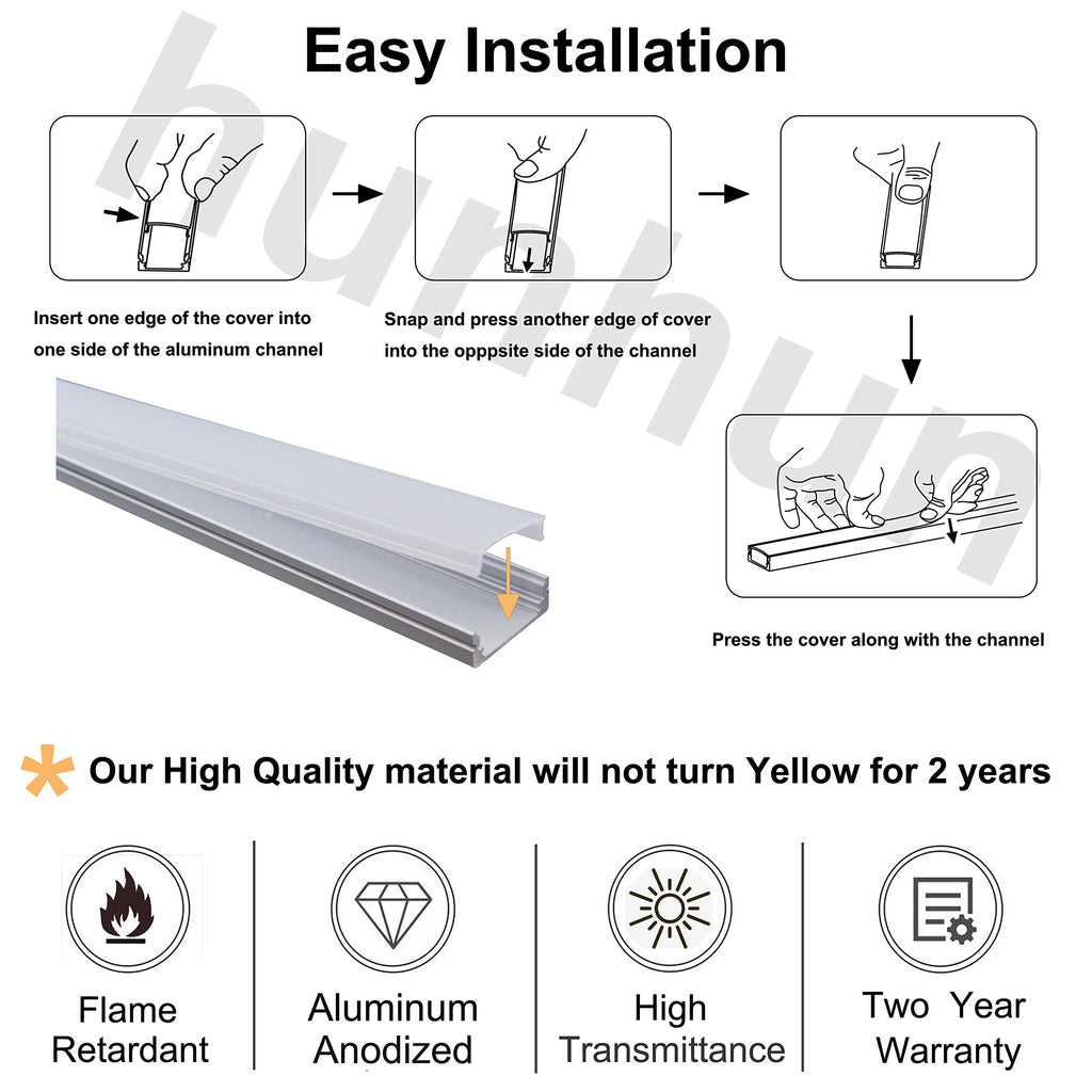 hunhun 10-Pack 3.3ft/1Meter U Shape LED Aluminum Channel System with Milky Cover, End Caps and Mounting Clips, Aluminum Profile for LED Strip Light Installations, Very Easy Installation