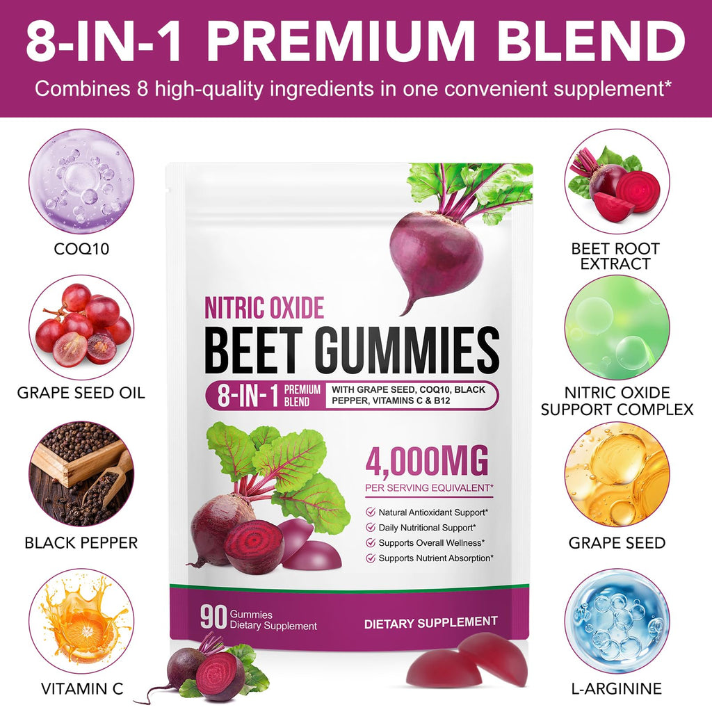 2 Pack Beet Root Gummies Enriched with 200mg CoQ10 & Beet Root Extract for Blood Pressure, Heart Health Support, Energy Level Suport, Promoting Nitric Oxide, W/ Vitamin B12, C, Sugar-Free | 90 Chews