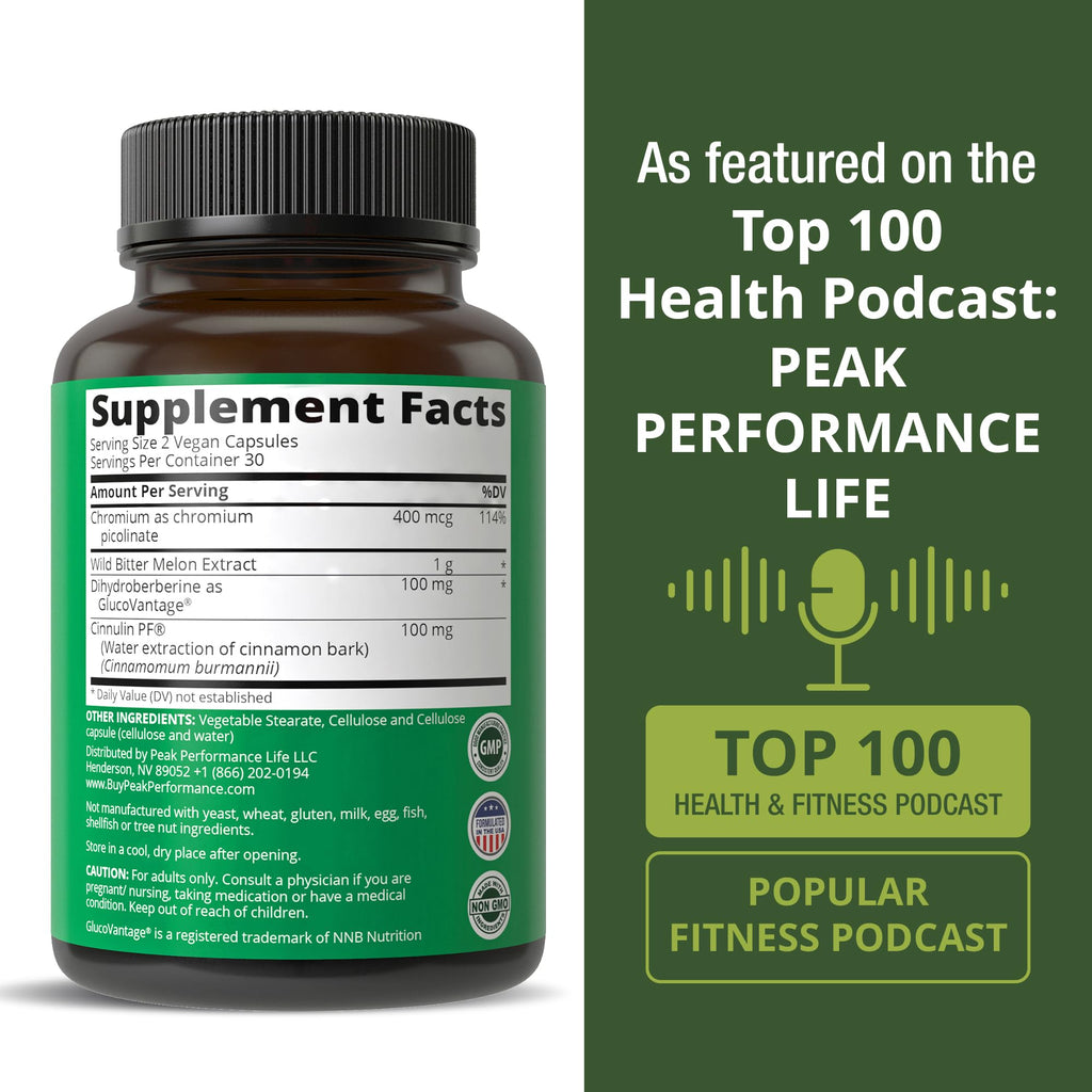 Ultra High Strength 4-in-1 Super Berberine Patented GlucoVantage + Wild Bitter Melon + Cinnamon Extract + Chromium Picolinate Vegan Capsules. Great Supplement to Support After-Meal Spikes and Energy