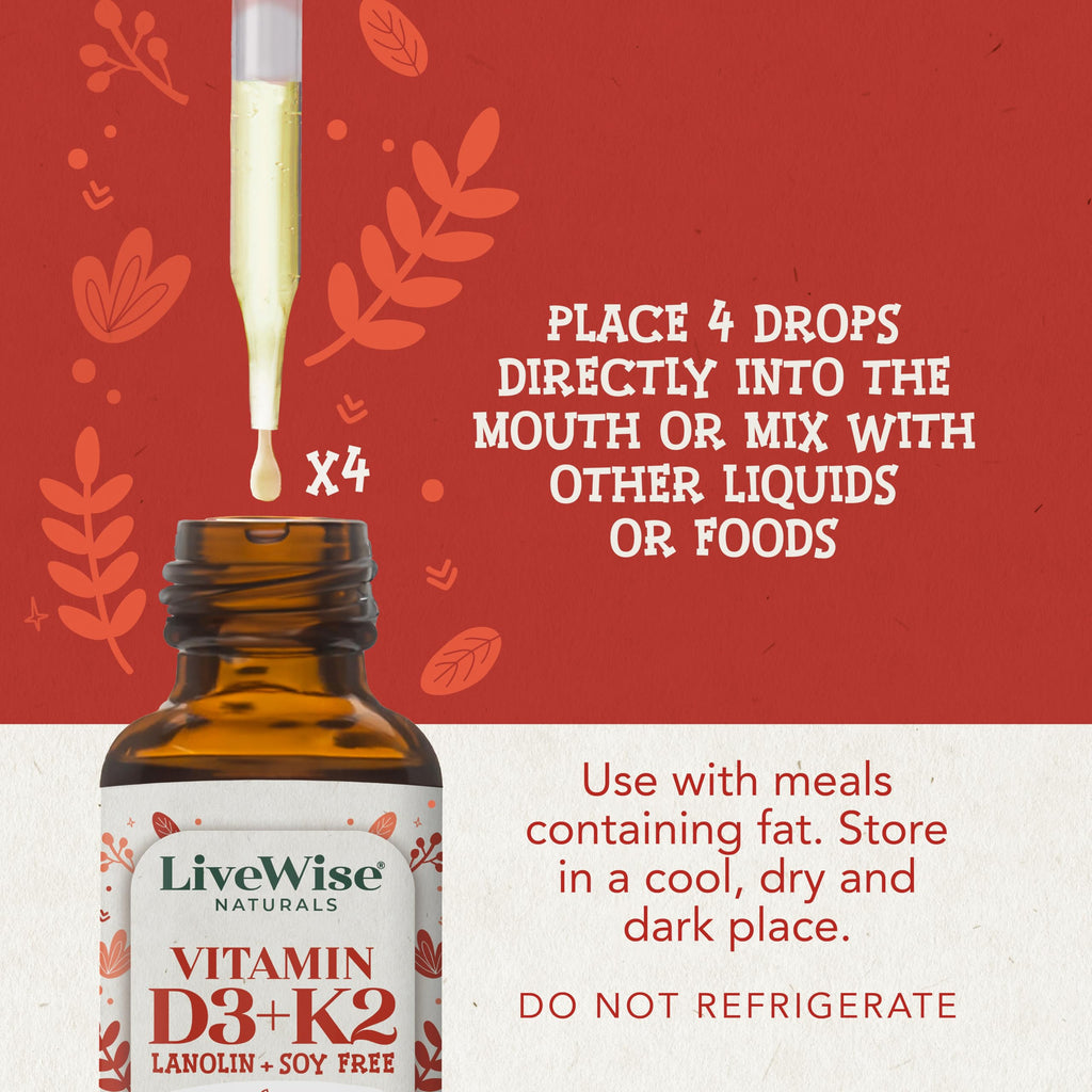 Live Wise Naturals Vitamin D3 K2 Kids Liquid Drops - 112 Servings, Ultra Concentrated Formulation, Fast Absorption 800 IU & 35 MCG for Calcium & Bone Support - Daily Nutritional Support Parents Trust