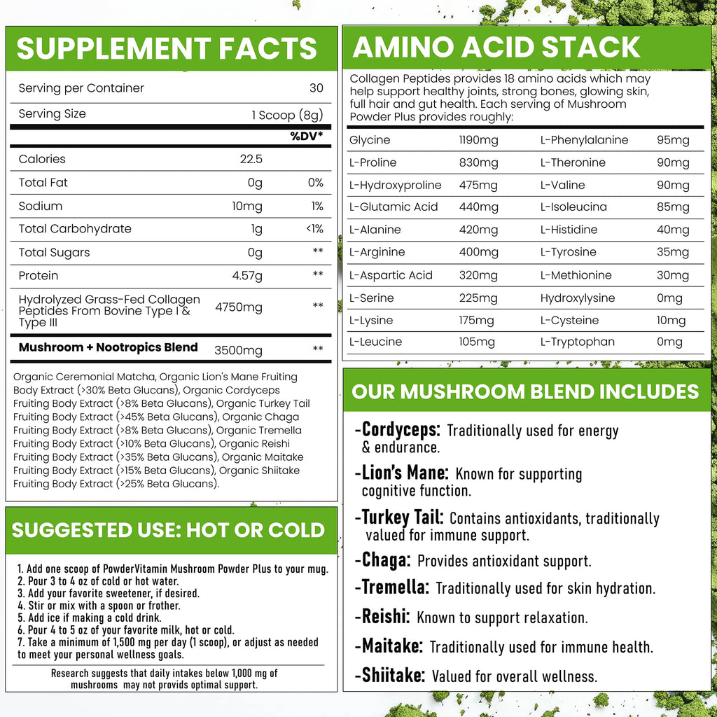 PowderVitamin Organic Ceremonial Mushroom Matcha Certified Pesticide-Free Grass-Fed Collagen Types I & III 8 Fruiting Body Mushrooms Tested for Beta-Glucans Focus Digestion & Immunity 30 Servings