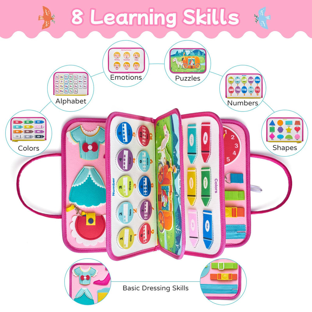 Freebear Deluxe Pink Princess Quiet Book Sensory Board for Toddlers 1-4, Montessori Educational Toys for Girls, Travel Toys with Activities