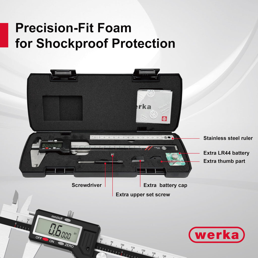 werka Digital Caliper, Calipers Measuring Tool, Auto-Off Micrometer Caliper with 0.001”High-Accuracy,Inch/Fraction/Millimeter Conversions Button,4 Measuring Ways, Stainless Steel (8 Inch)