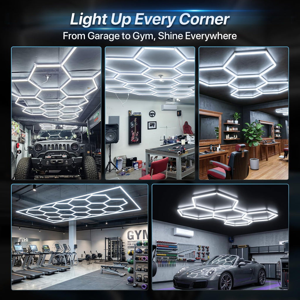 HYPERLITE Gen II Hexagon Garage Lights: 399W 39900LM 14 Grids Hexagon Led Light, 6500K Ultra Bright Honeycomb Hex Lights, Easy Install, Durable Design for Garage, Car Detailing, Workshops, Shops, Gym