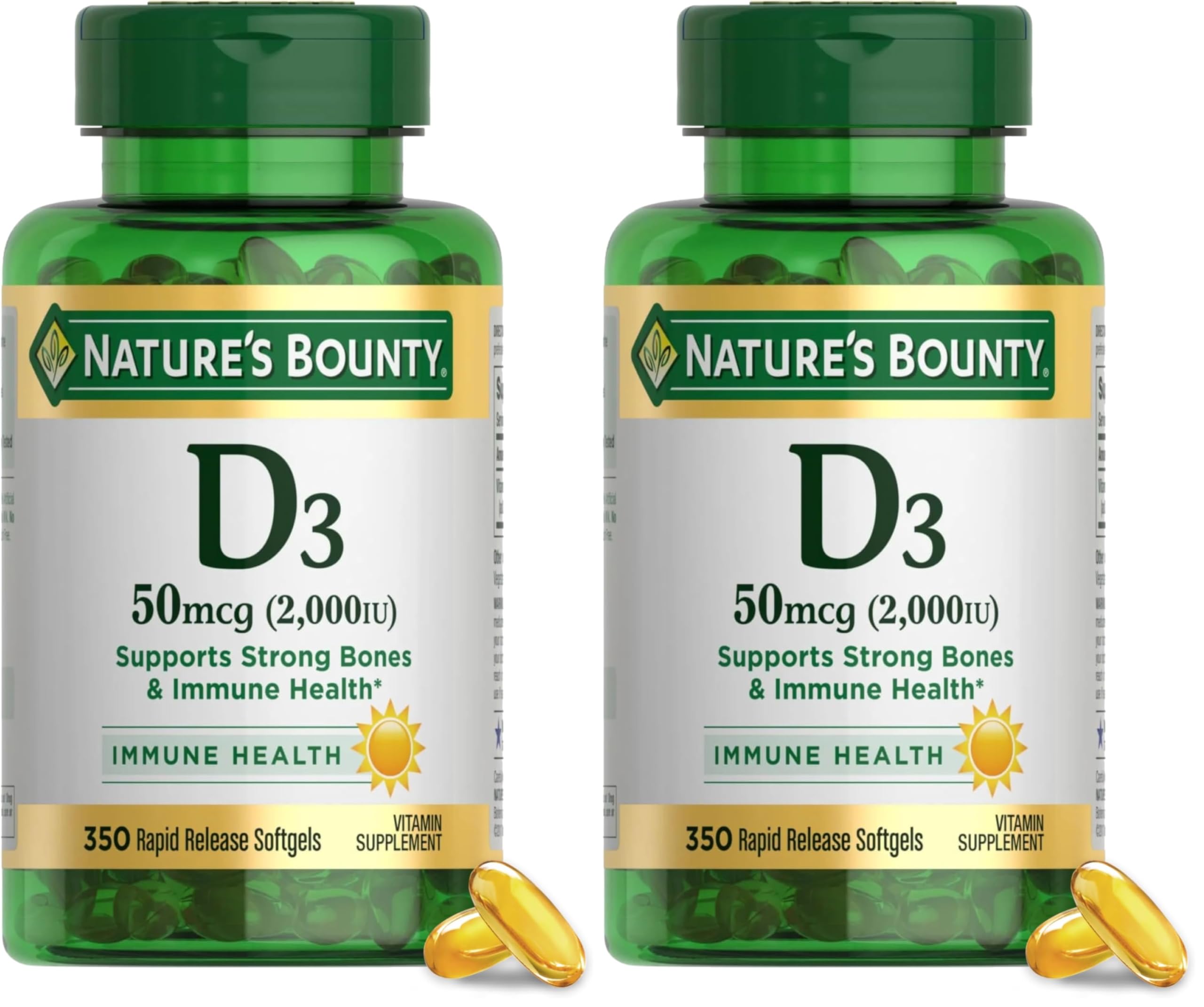Nature's Bounty Vitamin D3 2000 IU, Supports Immune Health, Calcium Absorption & Bone Strength,Essential for Healthy Bones,Non-GMO,No-Gluten,350 Softgels,1 Serving Per Day for Daily Health,(Pack of 2)