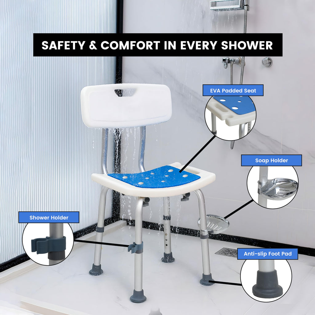 AQUADREA Shower Chair for Inside Shower With Soap box - Height Adjustable Shower Chair for Elderly and Disabled with Removeable Back & Enhanced Non-Slip Feet - Lightweight Aluminum Construction - Blue