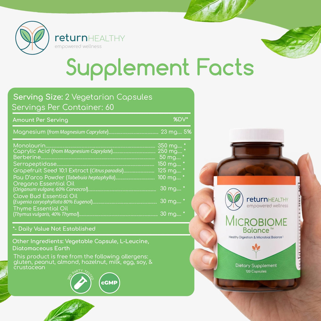 Microbiome Balance – Gut Health Supplement for Women and Men with Monolaurin & Caprylic Acid – Supports Digestive Wellness & Healthy Gut Environment – 120 Capsules