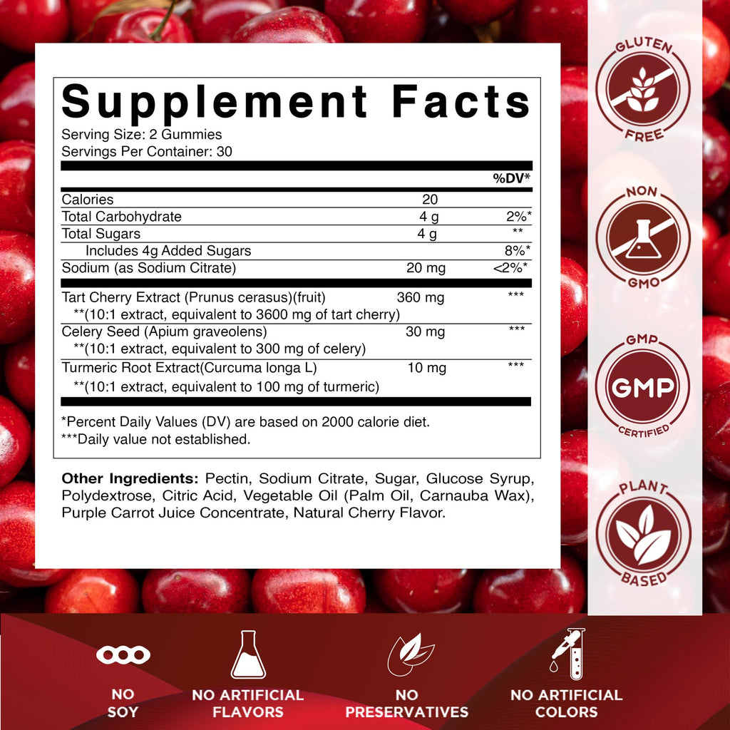 Vitamatic Tart Cherry with Celery Seed Gummies – 4000mg Equivalent Per Serving (from 10:1 Extract, 400mg) - 2-Pack