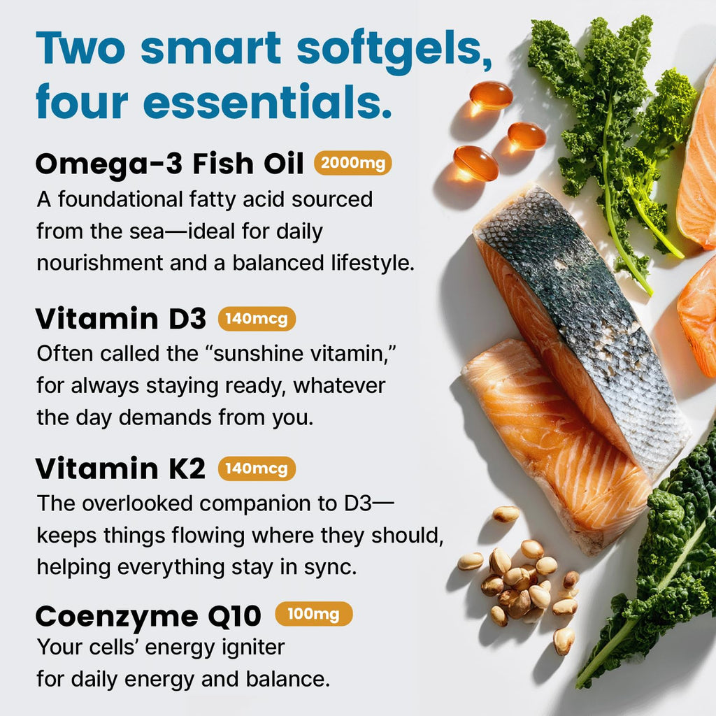 4-in-1 Fish Oil Omega 3 Fatty Supplements (2100mg) - Omega 3 Fish Oil with Vitamins D3 K2 and CoQ10 - Lemon Flavored (120 softgels)