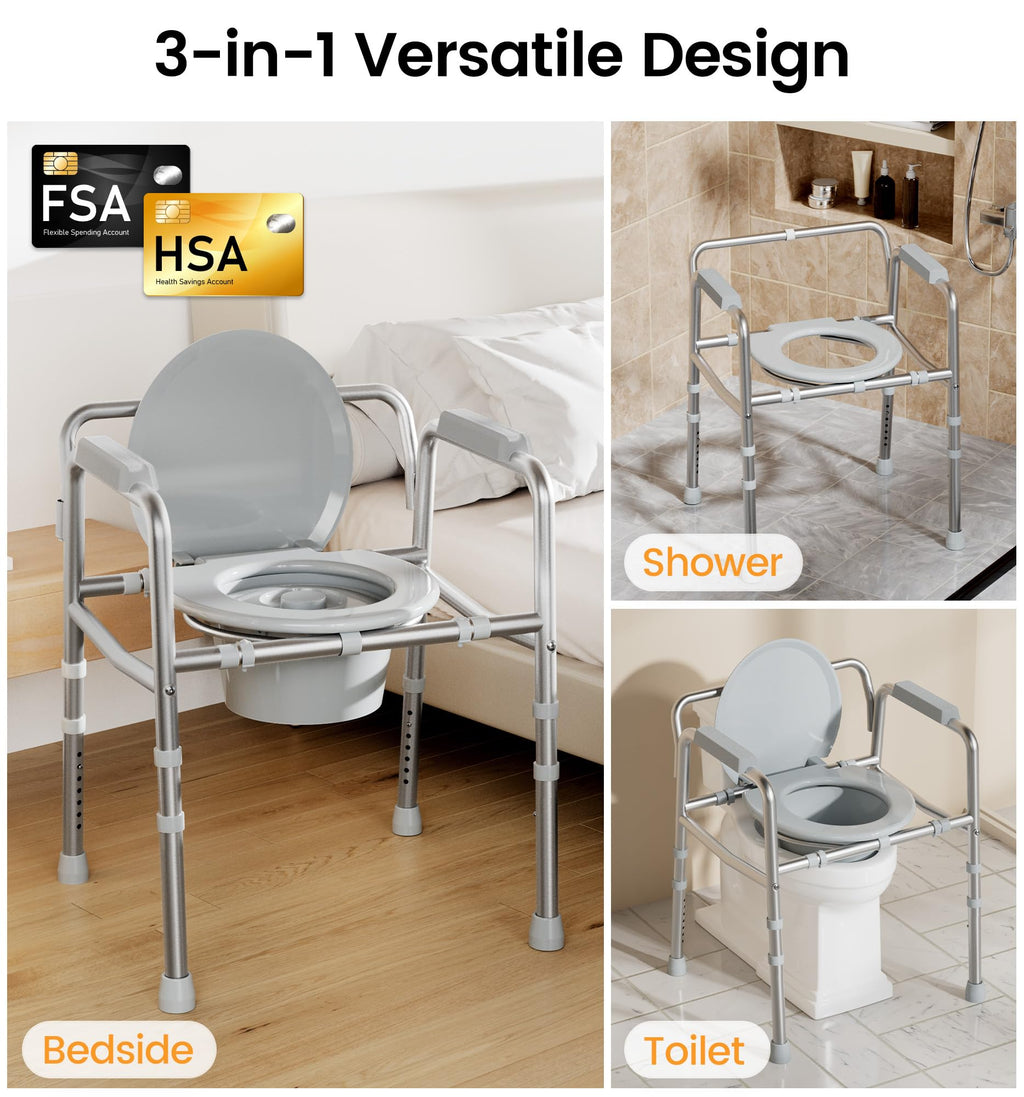 Soundfuse 3 in 1 Bedside Commode Chair, Sturdy Dual-Crossbar Support, 350 Lbs Weight Capacity, Bedside Commode for Seniors with 7.5Qt Bucket, Portable Potty Chair for Adults, Silver