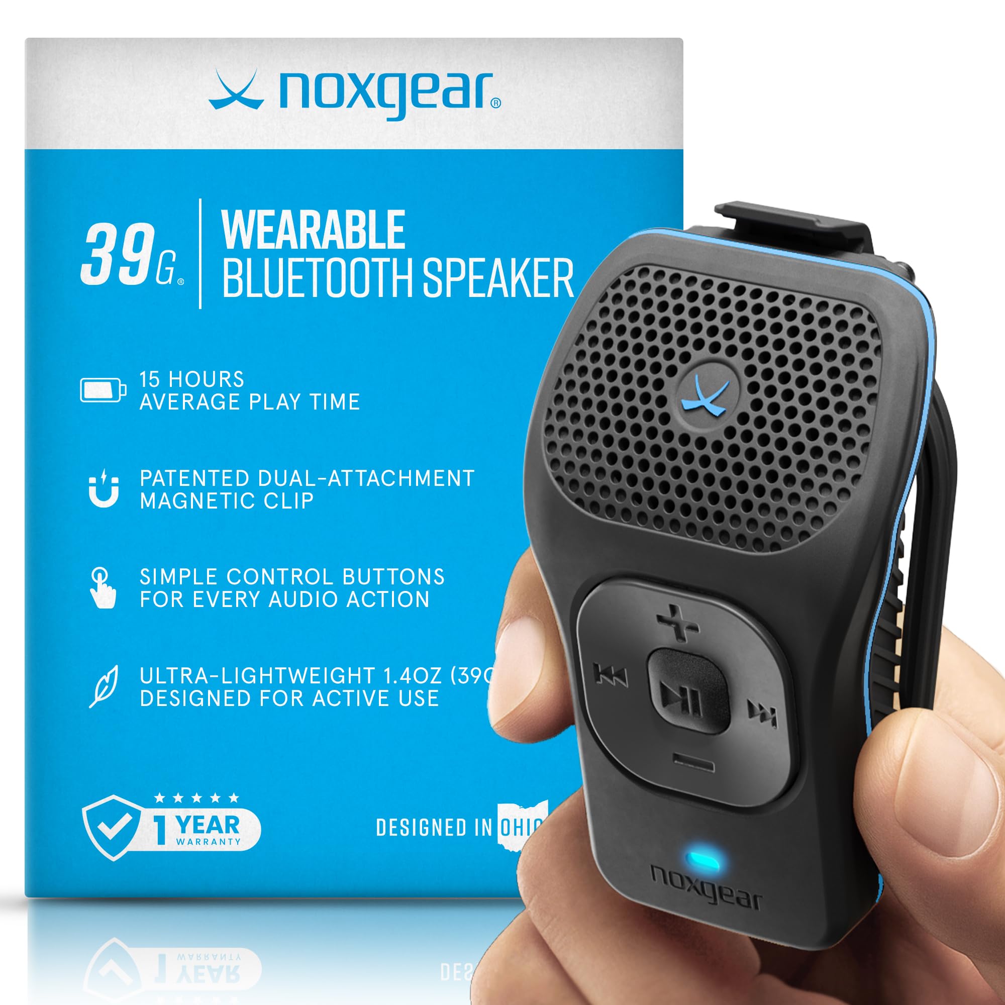 Noxgear 39g Wearable Bluetooth Speaker, Magnetic Mini Clip-On, Waterproof Up to 15 Hours Playtime | Clip On Bluetooth, Wearable Speaker with Microphone, 100ft Range