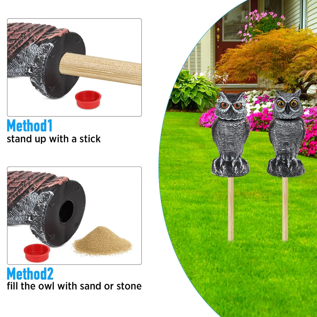 Hedoc 2 Pack Fake Owl Decoys to Scare Birds Away, Rotating Head Bird Deterrents, Nature Enemy Scarecrow Plastic Statues, Pest Repellent for Gardens and Patios