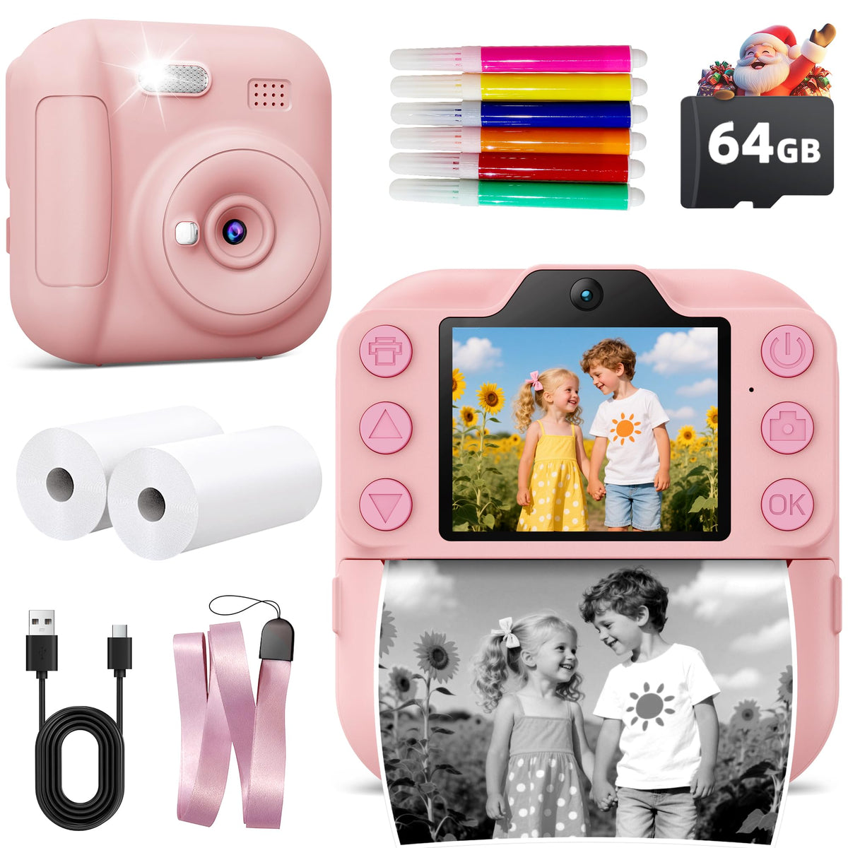 Kids Instant Camera with 64GB SD Card, Portable Digital Camera Toy for Girls and Boys Ages 3-12, Toddler Christmas and Birthday Gift for 3 4 5 6 7 8 9 10 Year Old Kids (Blue) (Pink)
