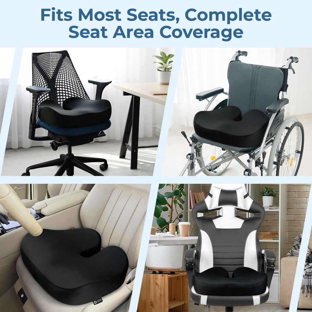 5 STARS UNITED Seat Cushion - Memory Foam Chair Cushion for Tailbone Pain Relief - Ergonomic Support for Coccyx, Sciatica & Butt - Office, Desk & Gaming Chair, Car Seat, Wheelchair, Black Suede