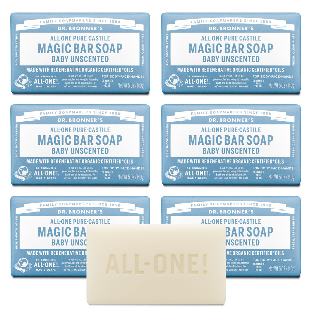 Dr. Bronner's Pure-Castile Bar Soap, Baby Unscented, 5 oz, 6-Pack