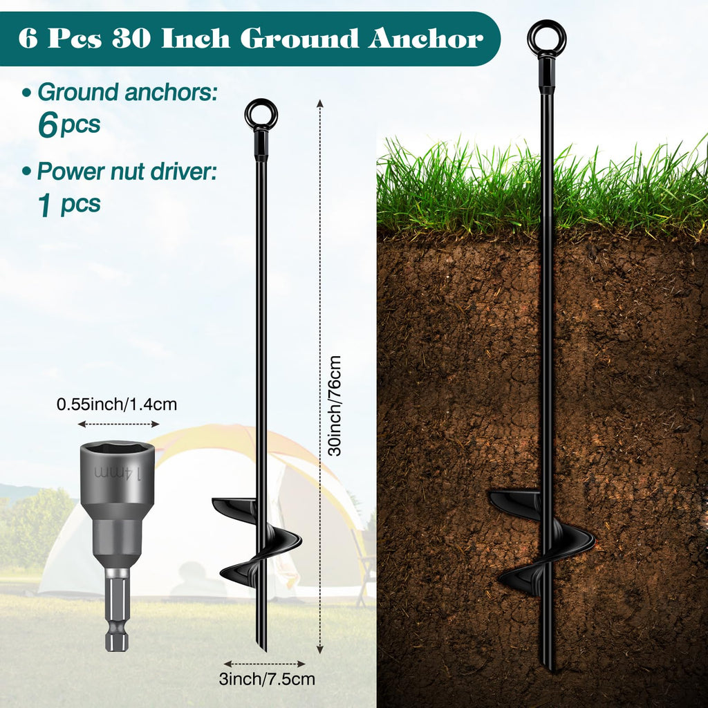 6 Pcs 30 Inch Auger Earth Anchor Shed Anchor Kit Spiral Blade Heavy Duty Shed Anchors Wind Stakes for Trailer, Shelters, Tents, Canopies, Trapping, Swing Sets