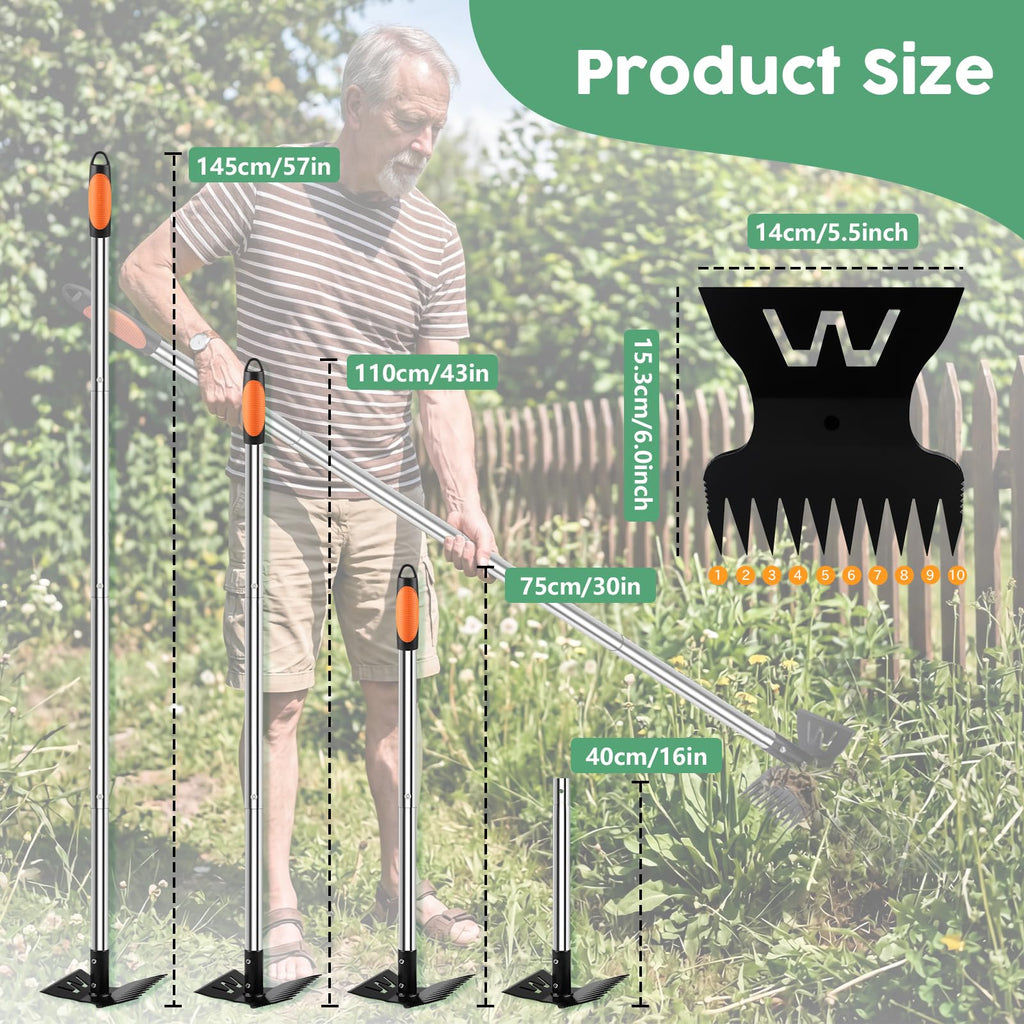 Larger Weed Puller Tool with Long Handle, 2-in-1 Heavy Duty Weed Rake & Hoe