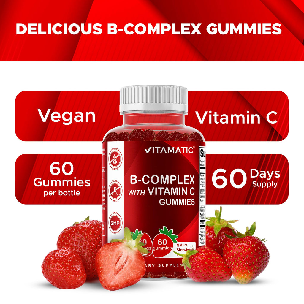 Vitamatic Vitamin B Complex Gummies with Vitamin C & Inositol - Natural Strawberry Flavor - 60 Gummies (2 Bottles)