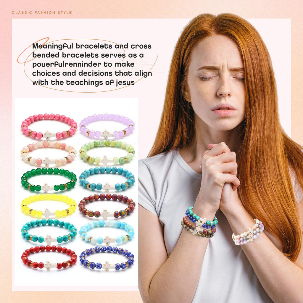 Huquary 24 Pcs Cross Beaded Bracelets, 8mm Christian Stone, Stylish