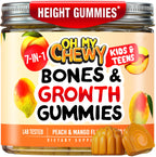 OH MY CHEWY Height Growth Vitamin Gummies for Kids & Teens - Growing Up and Bones Support for Supplement with Calcium, Zinc, Vitamin D3, K2, Spirulina and Astragalus – Peach & Mango 60 CT