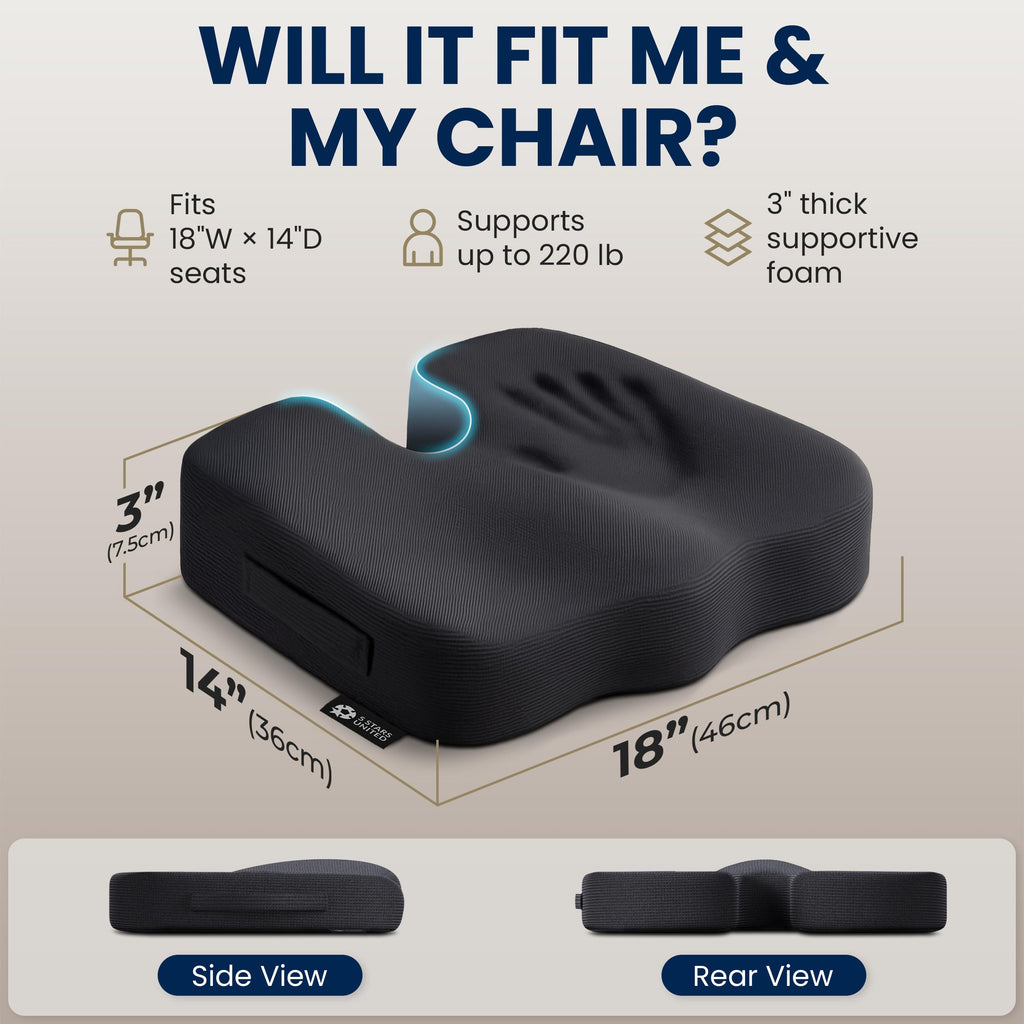 5 STARS UNITED Seat Cushion - Memory Foam for Tailbone Pain Relief - Ergonomic Support for Coccyx, Sciatica & Butt - Wheelchair, Office, Desk & Gaming Chair, Car Seat, Airplane, Black