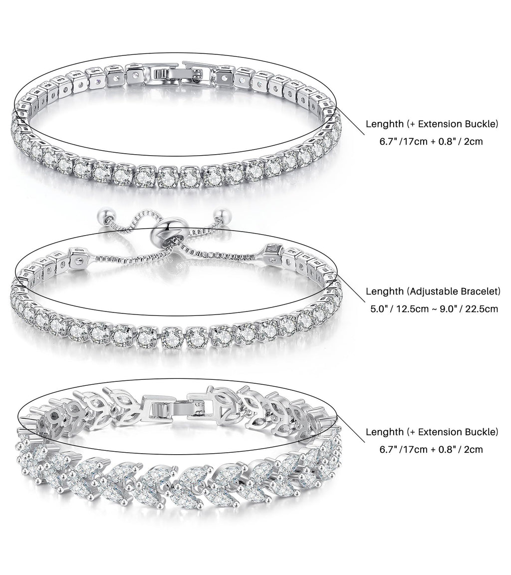 YOYUNLUO 4 Pcs Tennis Bracelet Set Silver Plated Marquise Cubic Zirconia CZ Diamond Dainty Adjustable Silver Bracelets for Women Brides Stackable Fashion Jewelry Wedding Prom Gift, 6.5 inch