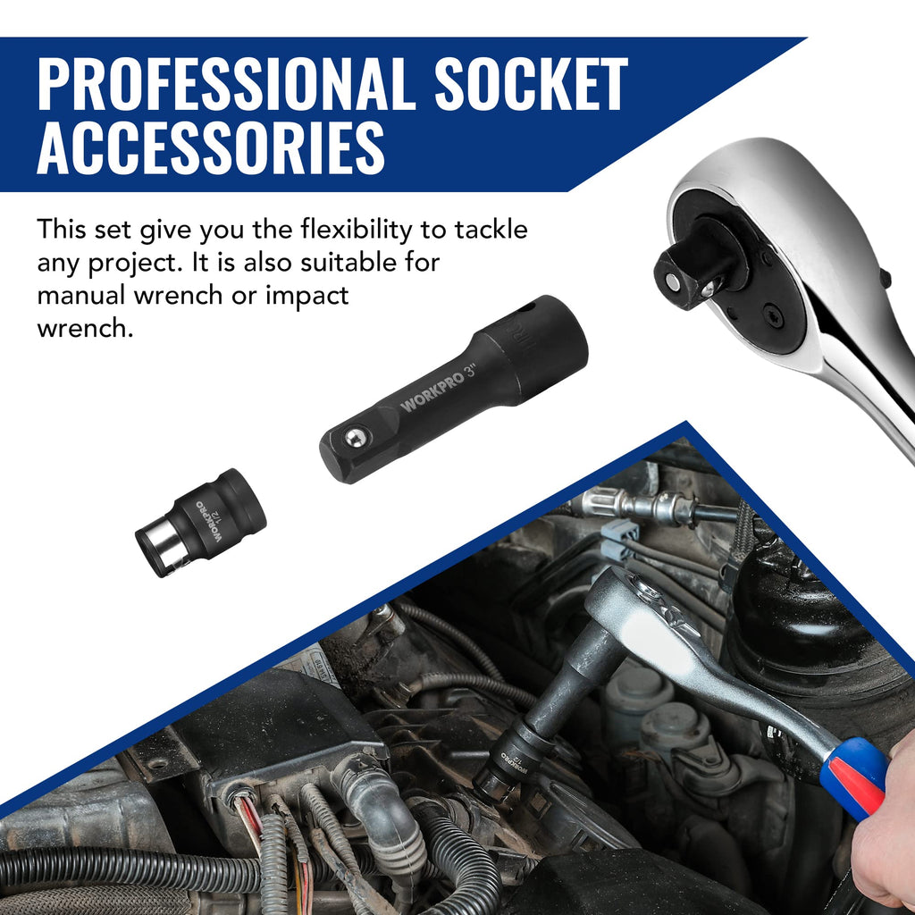 WORKPRO 18-Piece Impact Socket Extension Set, Includes Socket Adapters, Ratchet Extension Set, Swivel Universal Joints and Impact Coupler, 1/4", 3/8" & 1/2" Drive
