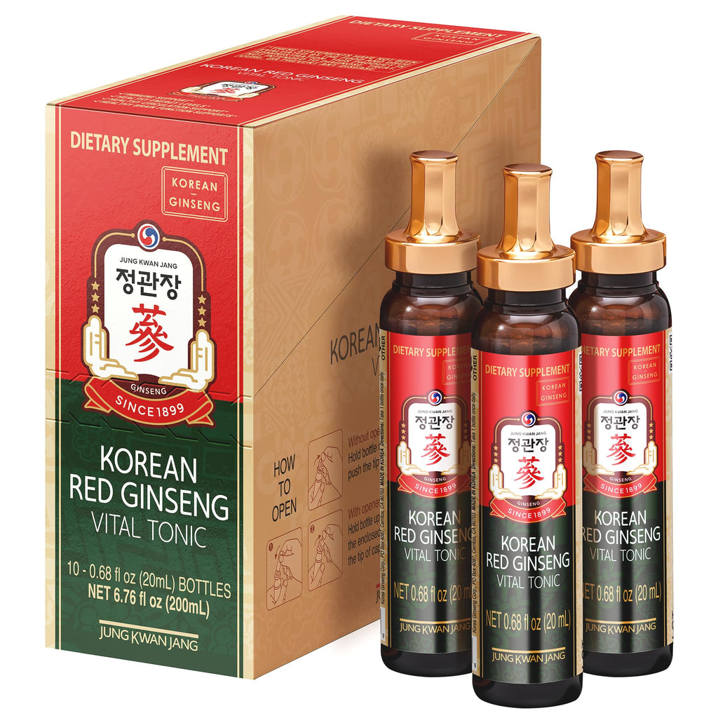 JungKwanJang Korean Red Ginseng Vital Tonic Gift Set Energy Shot Panax Ginseng Giftset for Immune System Booster and Wellness Recovery, Natural Herbs, Vitamins and Minerals - 10 Bottles