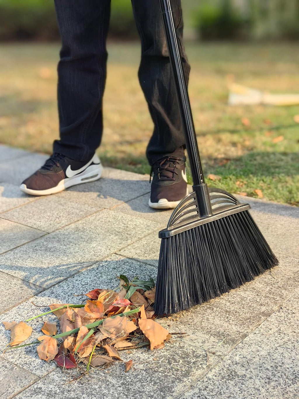 Xifando Four-Section Rod Long-Handled Broom,Heavy-Duty Broom, Angle Broom for Outdoor/Indoor（Black+Blue）