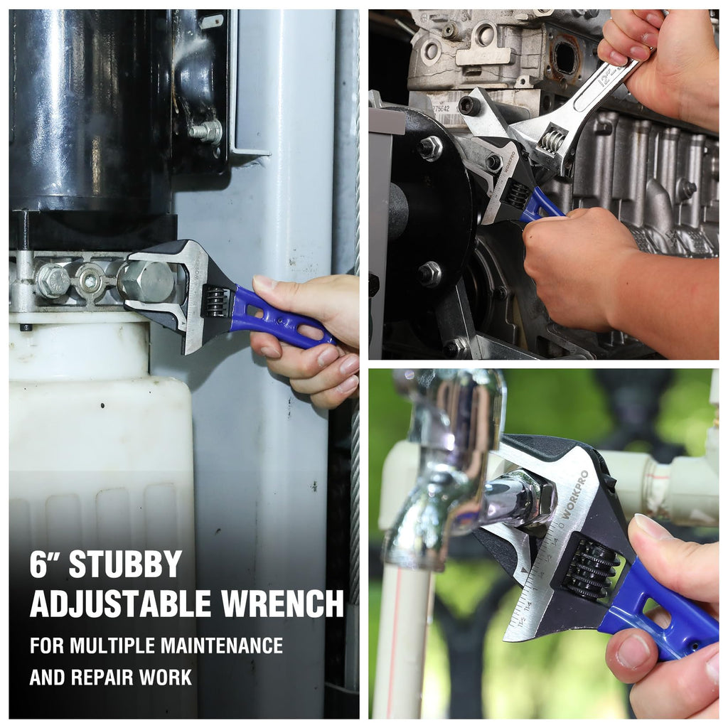 WORKPRO 6-Inch Stubby Adjustable Wrench, 1.5-Inch Extra Wide Jaw Opening Wrench, Metric/SAE Scales, Cr-V Steel, Ideal for Work in Confined Spaces