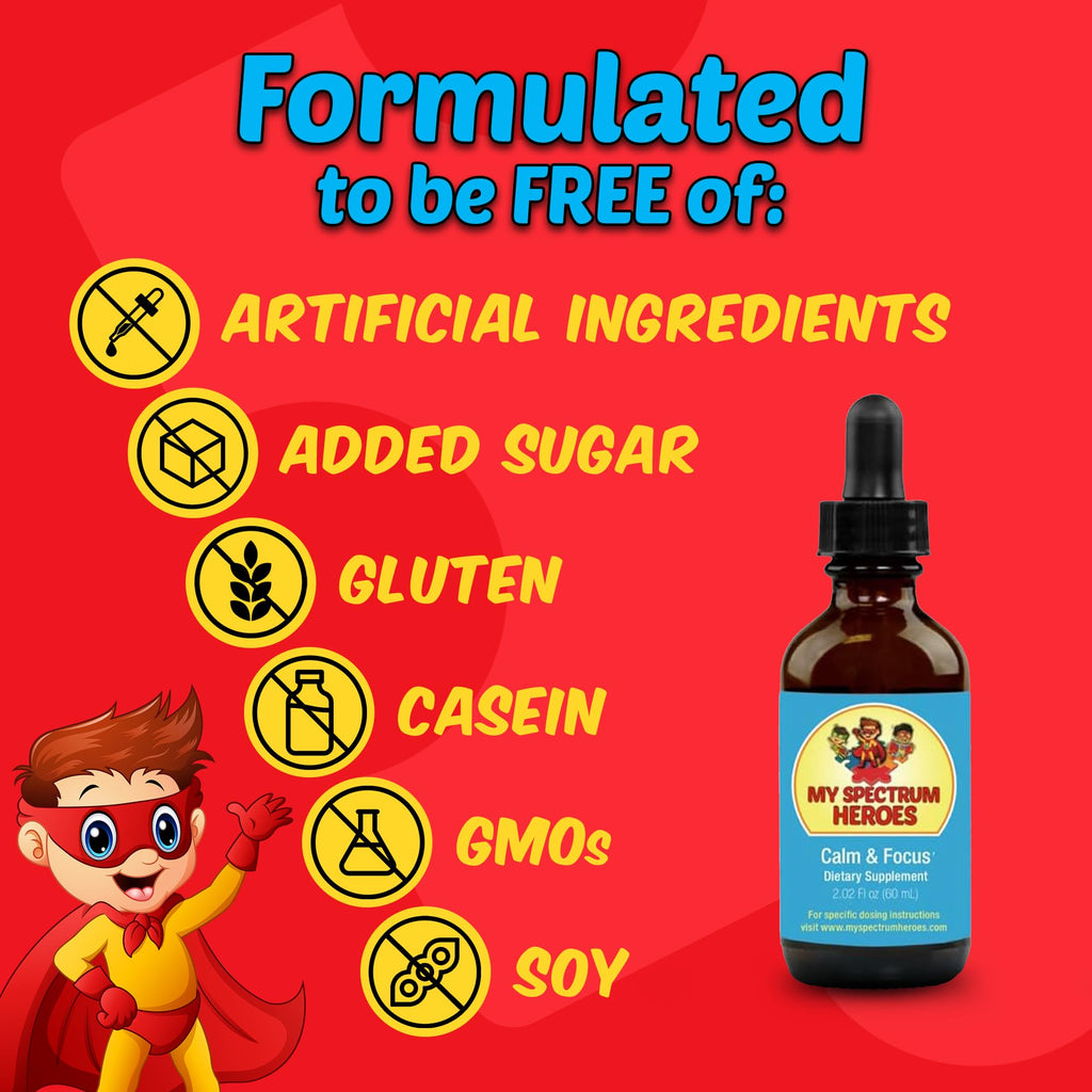 My Spectrum Heroes Calm & Focus Supplement Drops - Brain Support with L-theanine, GABA, Huperzine A - Enhance Focus for Kids or Adults - Boost Concentration for Kids & Teens - 2.02 FL oz. (60 ml)