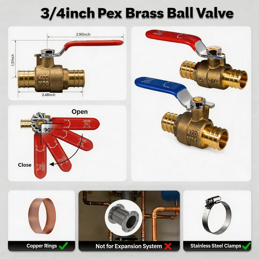 ‌VANCOCO 3/4" PEX Ball Valve 10-Pack - Lead-Free Brass PEX Shut Off Valve 3/4 inch for Pex Fittings Hot/Cold Water (5 Red/5 Blue)