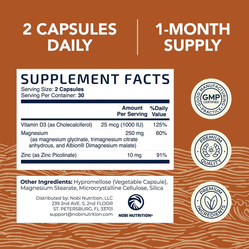 Magnesium Zinc & Vitamin D3 | 260MG Complex | High Absorption Mag Citrate, Glycinate & Malate | Muscle, Nerve Function & Bone Health Support | Zinc and Magnesium Supplement with VIT D3 | 60 Ct.