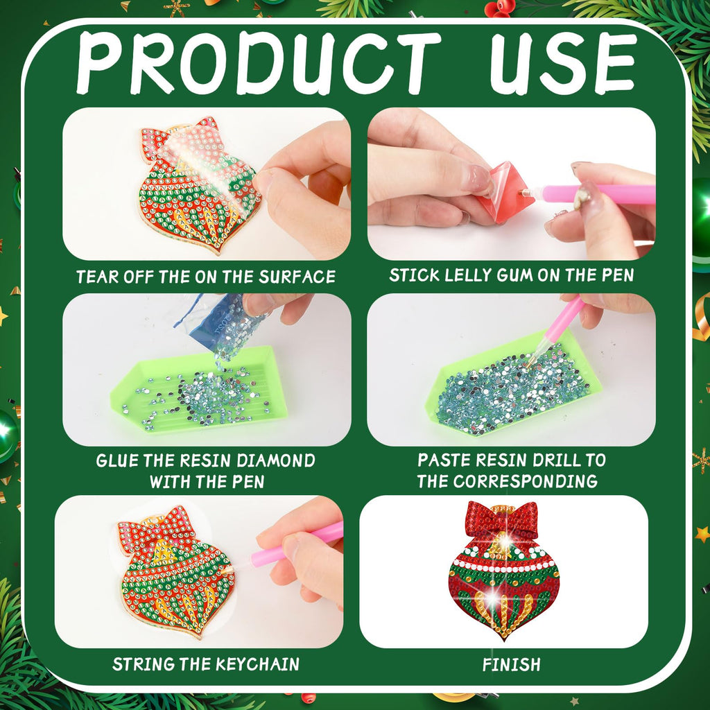 Tondiamo 20 Pcs Christmas Diamond Painting Keychain Kits 5D DIY Diamond Art Pendants Double Sided Hanging Key Chains for Christmas Party Decoration DIY(Balls Style)