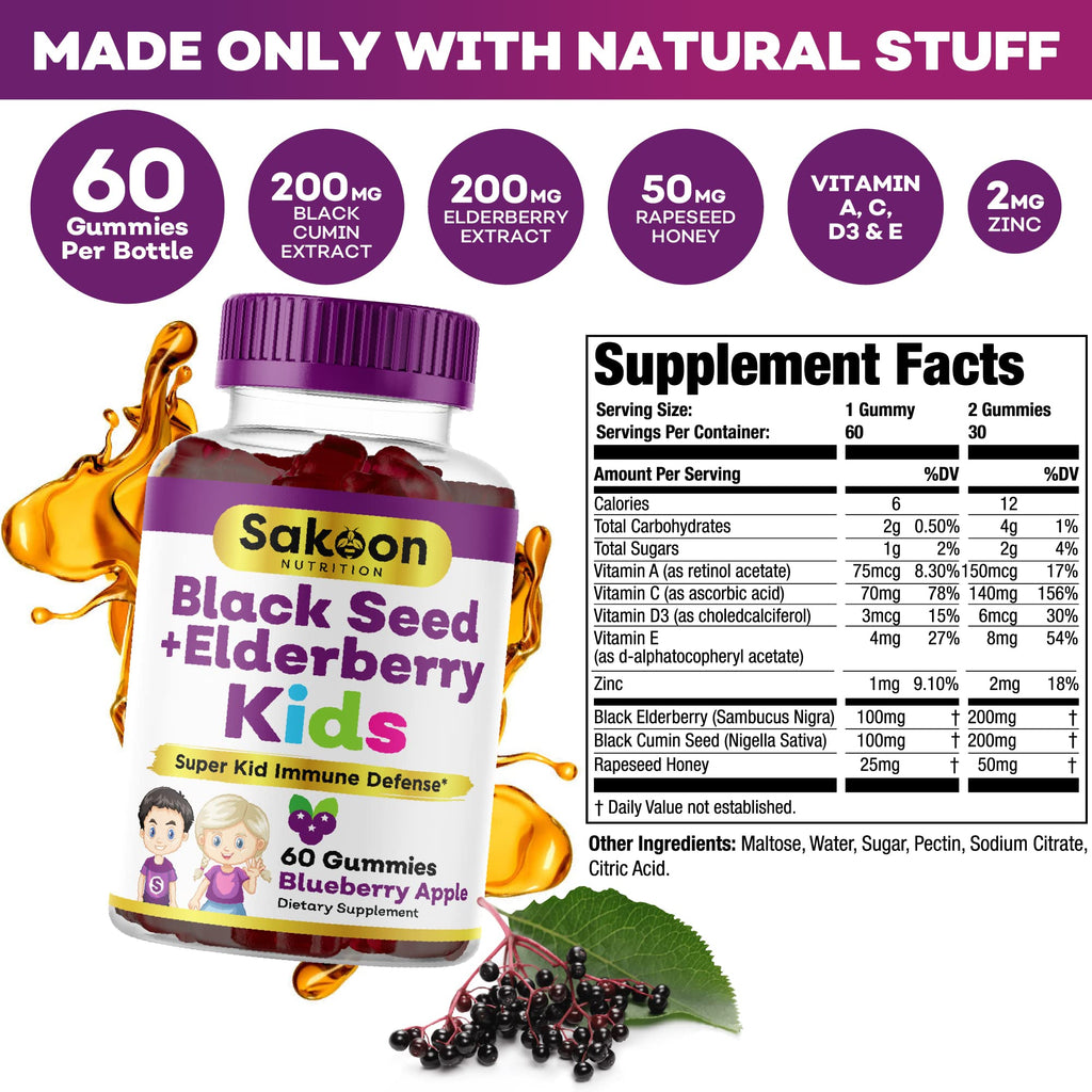Sakoon nutrition Elderberry & Black Seed Oil Gummies for Kids, Immune Support, with Vitamin C and Zinc, Delicious Berry Flavor, 60 Gummies