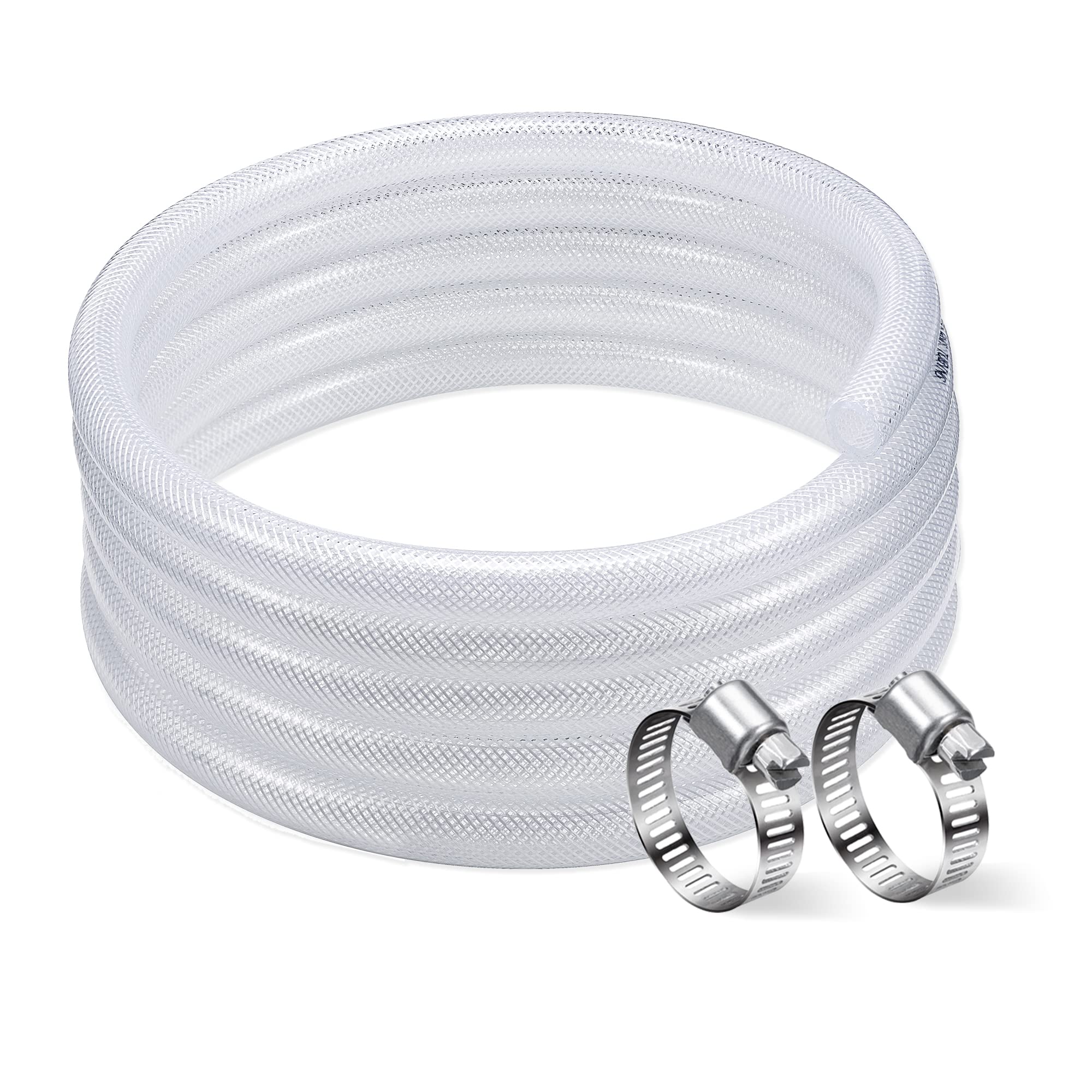 DAVCO 1/2" ID - 10 ft Heavy Duty Braided Clear Plastic Vinyl Tubing, Flexible High Pressure Reinforced PVC Plastic Tube Hose, Non-toxic, BPA Free, with 2 Stainless Clamps