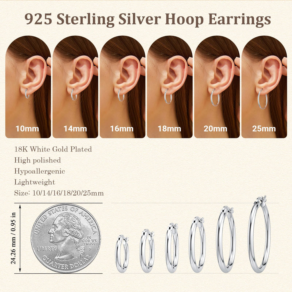 JIAYIQI Sterling Silver Hoop Earrings for Women 18K White Gold Plated Hypoallergenic Round Sliver Hoop Earrings Diameter 20mm