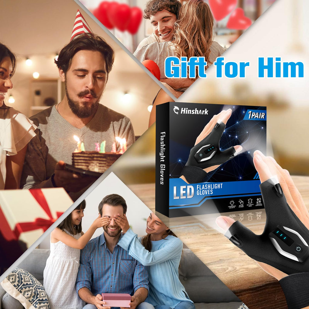 Hinshark Gifts for Men LED Flashlight Gloves, Anniversary Birthday Gifts for Men Dad Him Husband Boyfriend, Dad Gifts for Fishing Auto Repair, Camping Essentials Cool Gadgets Tools for Men