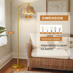 Oneach Arc Floor Lamp for Living Room,Rattan Boho Floor Lamp with Hand-Woven Shade, Foot Switch,Gold Metal Base & Pole,Farmhouse Standing Lamp for Bedroom Corner,Reading