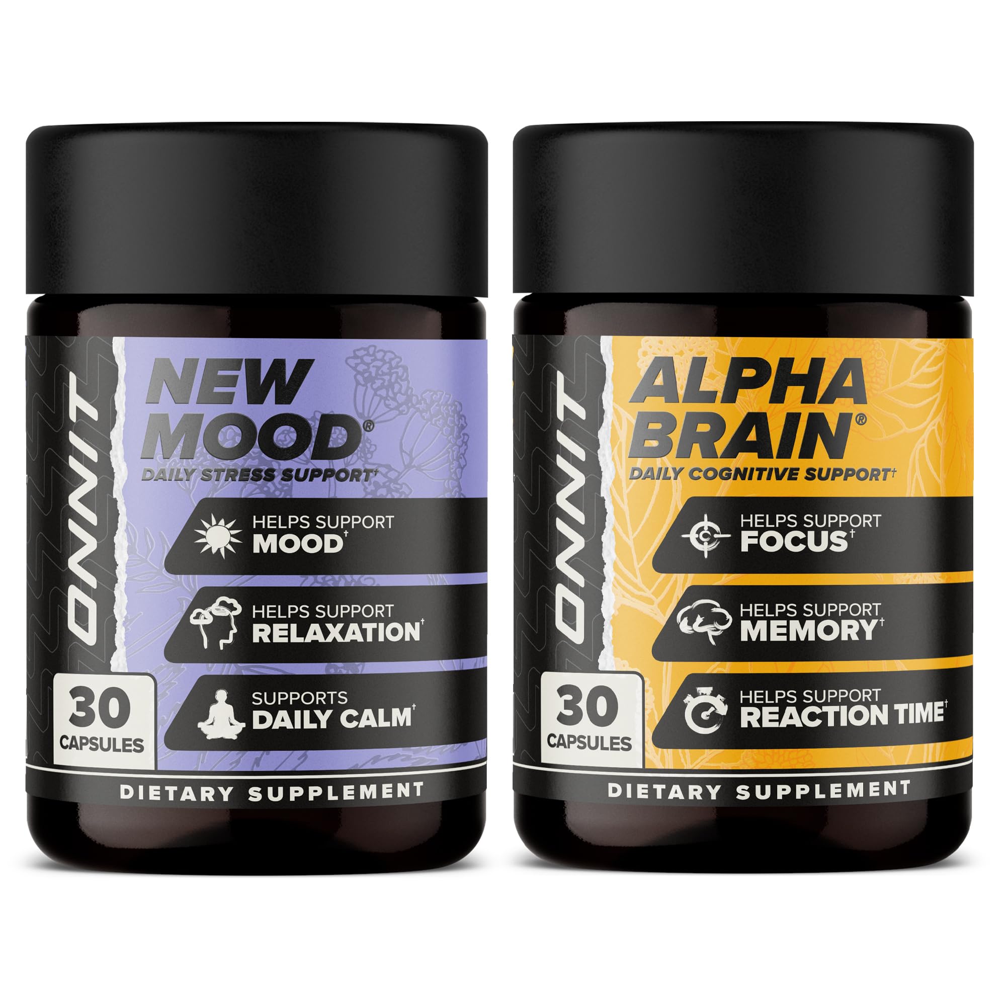 ONNIT Cognitive & Mood Support Bundle: Alpha Brain Nootropic Capsules (30 Count) + New Mood Stress Support Capsules (30 Count), IGEN Non-GMO Tested Focus, Mental Clarity, Relaxation & Sleep, 2 Pack
