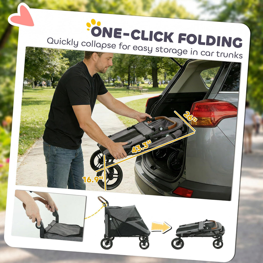 PawHut Dog Stroller for Large Dogs, One-Click Folding 4 Wheel Large Pet Stroller Wagon for Multiple Pets, All Terrain Spring Suspension w/ 8-Position Adjustable Handle, Mesh Window, Up to 66 LBS, Gray