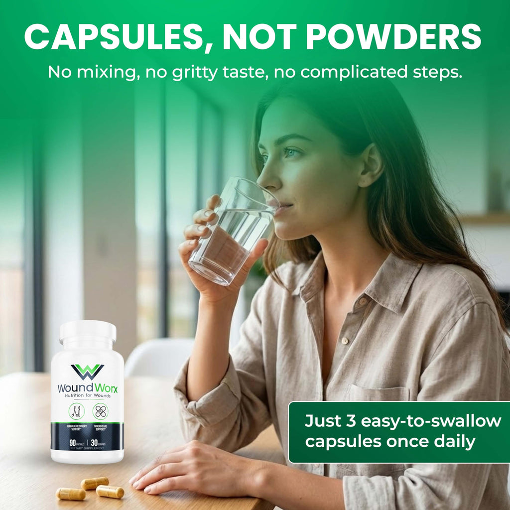 Free Life Labs WoundWorx Nutrition-Scar and Surgery Support, Wound Care, General and Plastic Surgery, Healing Support, Amino Acids, Collagen, Probiotics, Turmeric, Bromelain-90 caps