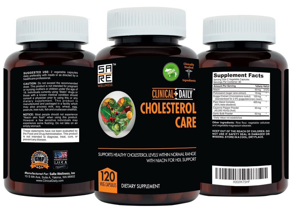 Clinical Daily Cholesterol Care Supplement. Vegan Cholesterol and Triglyceride Supplements. Plant Sterols Supplements Cholesterol Support with Guggul, Garlic, Niacin. 120 Capsules