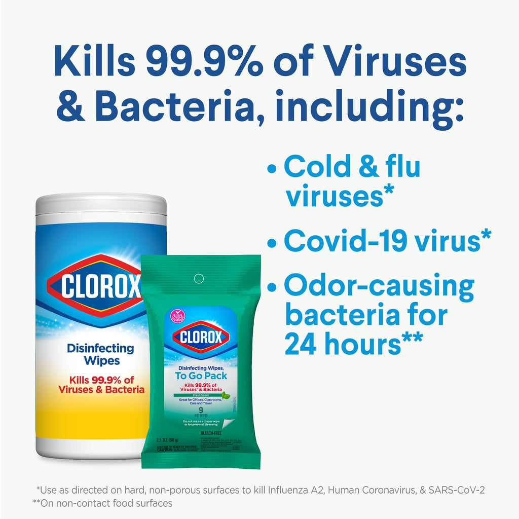 Clorox Disinfecting Wipes To Go Pack, Bleach Free, Fresh Scent, 9 Count, Pack of 24 (Pack May Vary)