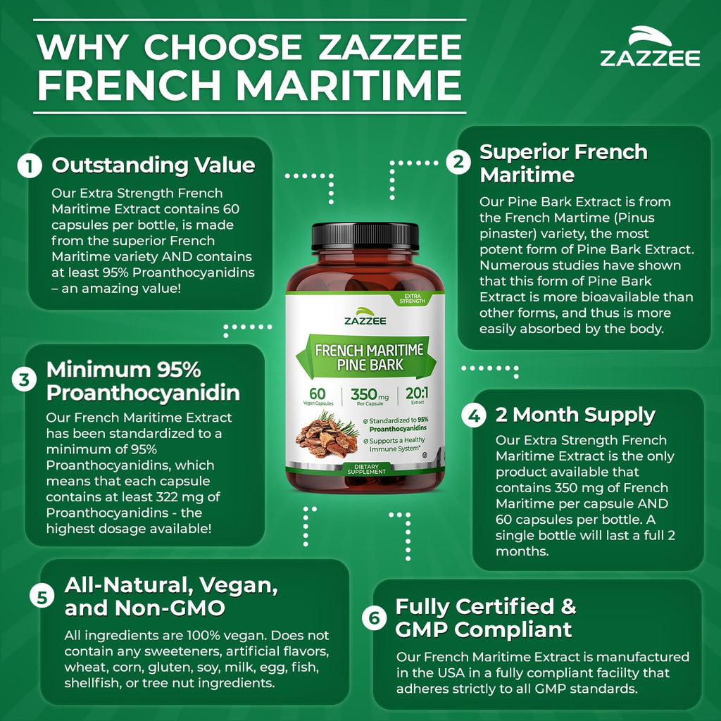 Zazzee Extra Strength French Maritime Pine Bark Extract 20:1, 350 mg Per Capsule, 95% Proanthocyanidins, 60 Vegan Capsules, 2 Month Supply, Certified Kosher, Antioxidant Support, Non-GMO, Made in USA